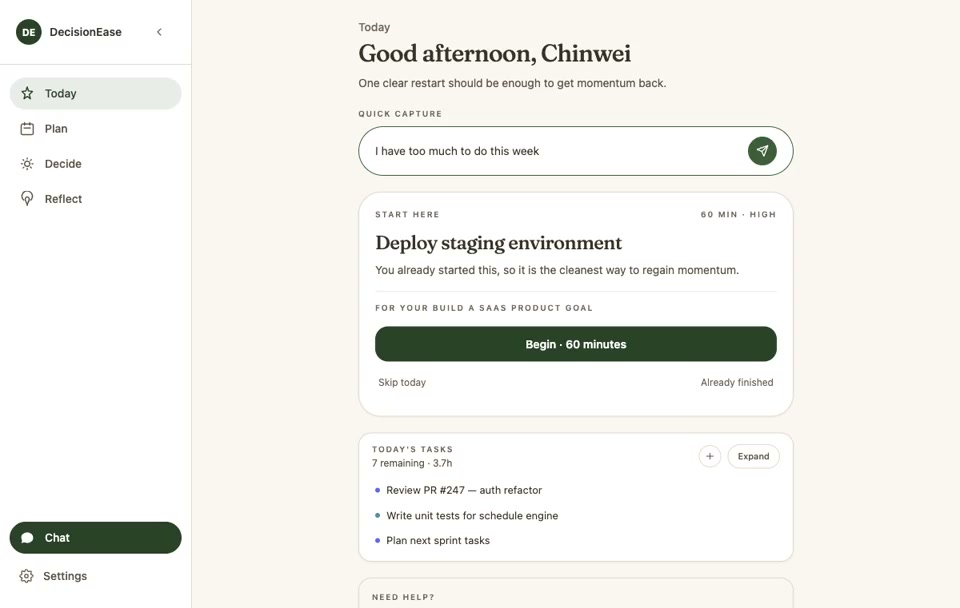 DecisionEase app — Today view