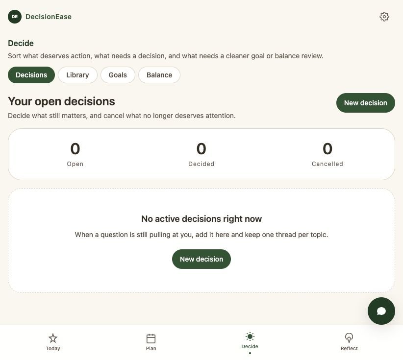 DecisionEase Decide tab — open, decided, and cancelled decision counts with a New decision entry point