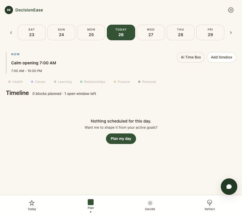 DecisionEase Plan tab — a week strip, a life-area legend, and a timeline with a Plan my day action