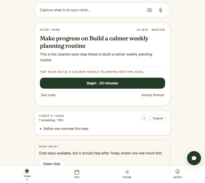 DecisionEase Today tab — a capture field, a start-here focus card, and the day's task queue