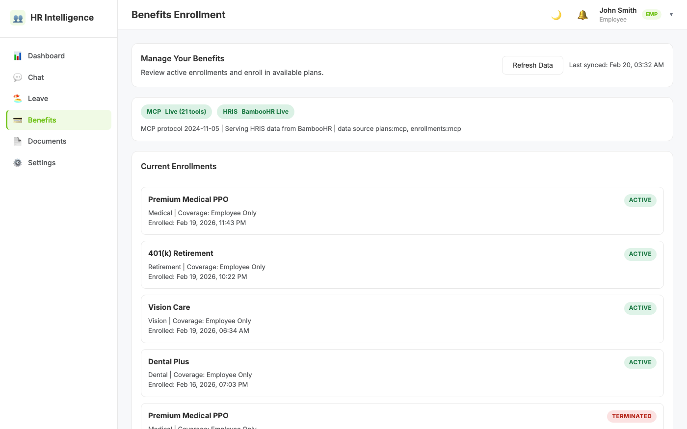 Benefits enrollment UI with live BambooHR sandbox connector